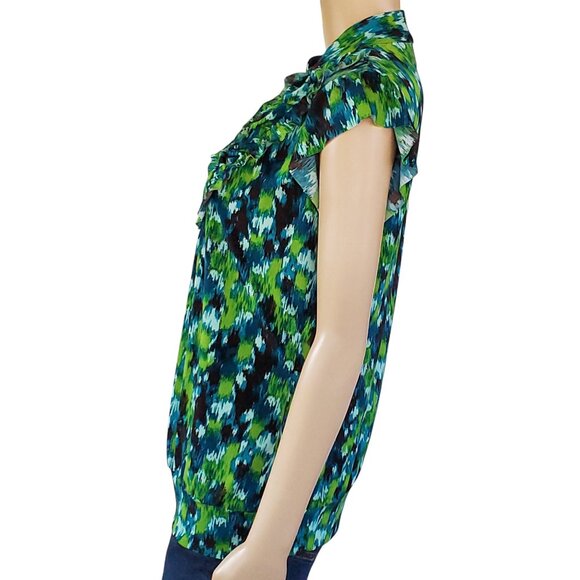 Heart Soul Blouse Top Women's Large Blue Green Ruffle Knit Stretch Cap Sleeves - Picture 6 of 13